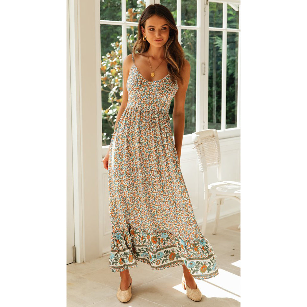 Summer V-Neck Halter Floral Dress Dresses Claire & Clara Beige S