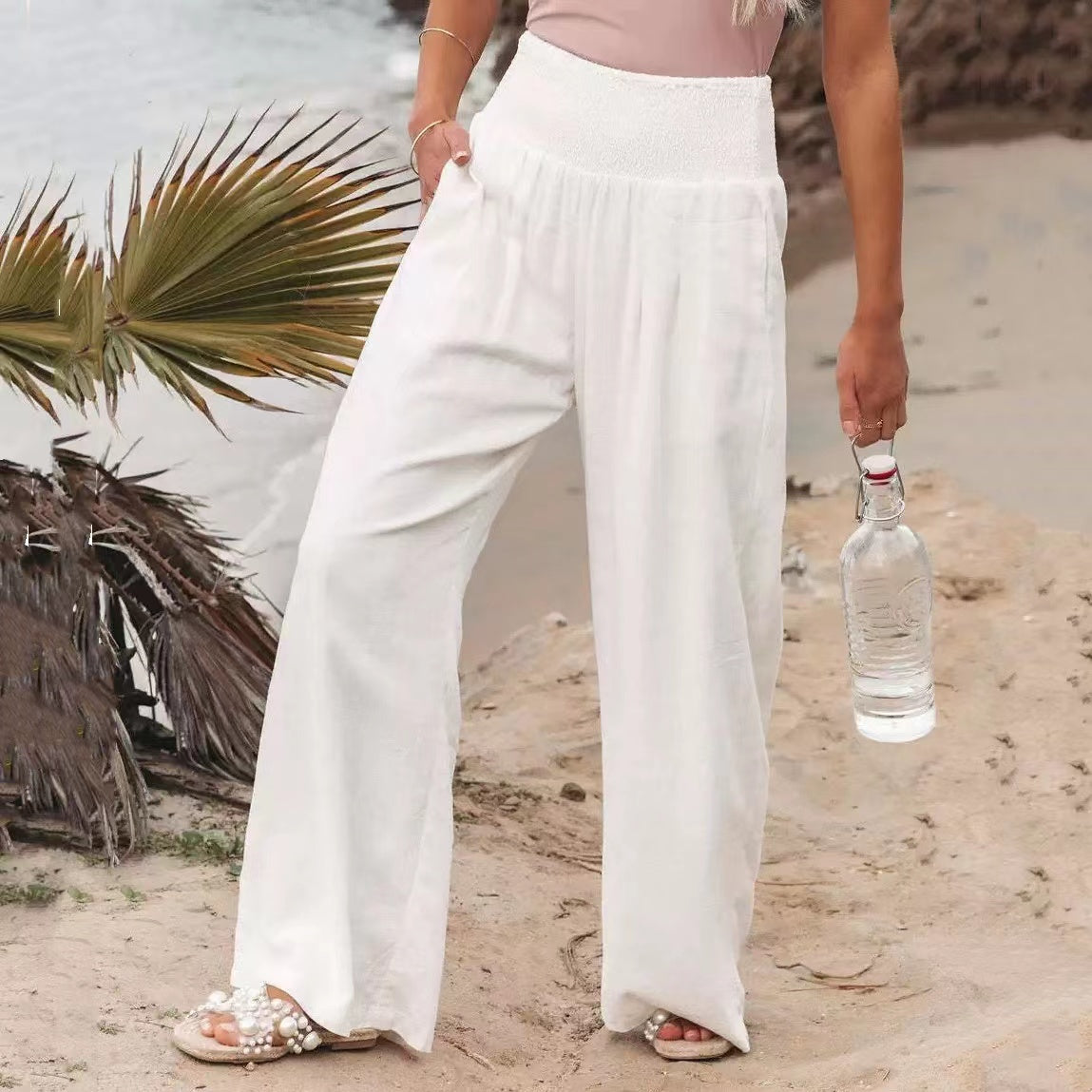 Susan Cotton Linen High Waist Wide Leg Casual Pants Bottoms Claire & Clara White US 4