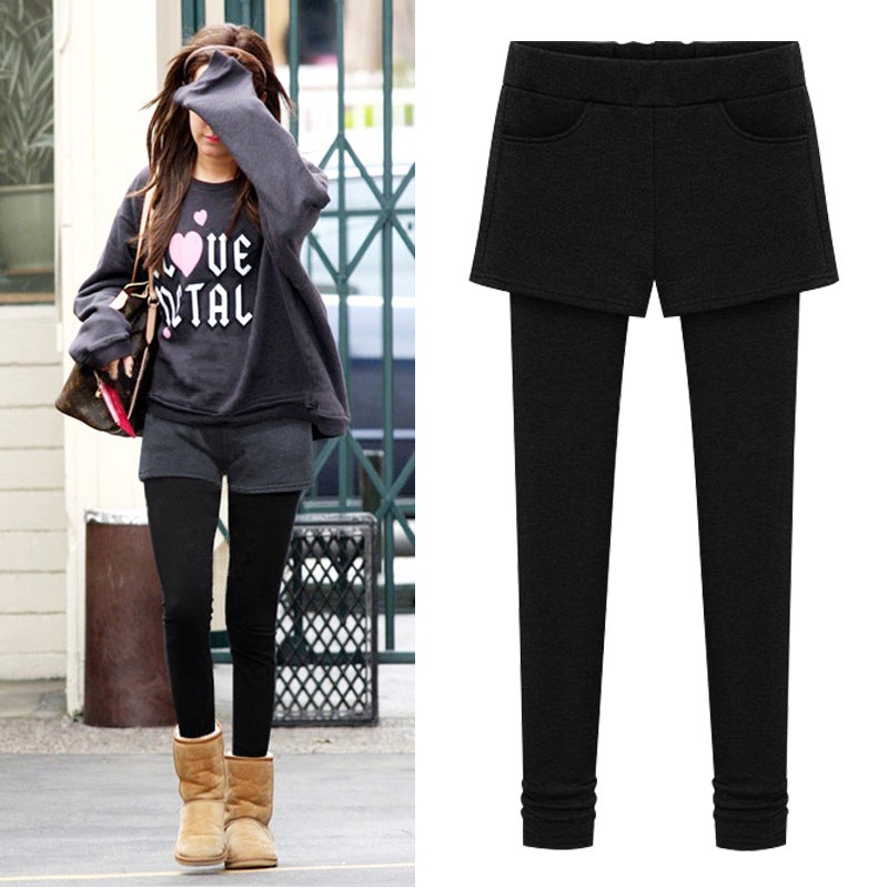 Thicken Fleece Fake Two-Piece Slimming Leggings Bottoms Claire & Clara Black US 4