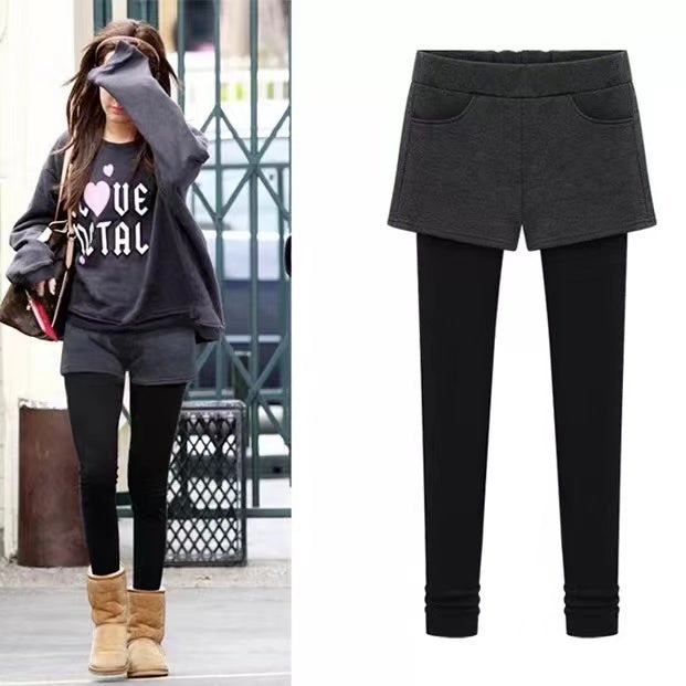 Thicken Fleece Fake Two-Piece Slimming Leggings Bottoms Claire & Clara Grey Black US 4