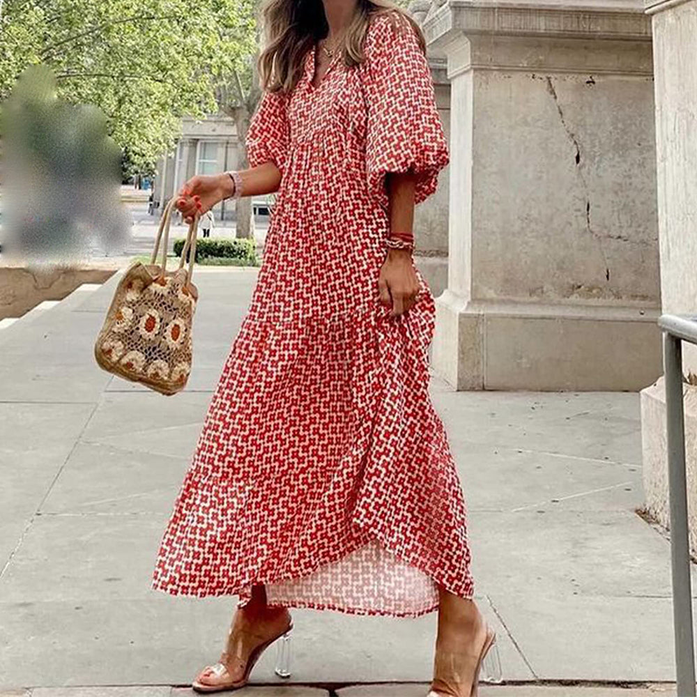 Alana Bohemian Floral Puff Long Swing Dress Dresses Claire & Clara Red-1 S 