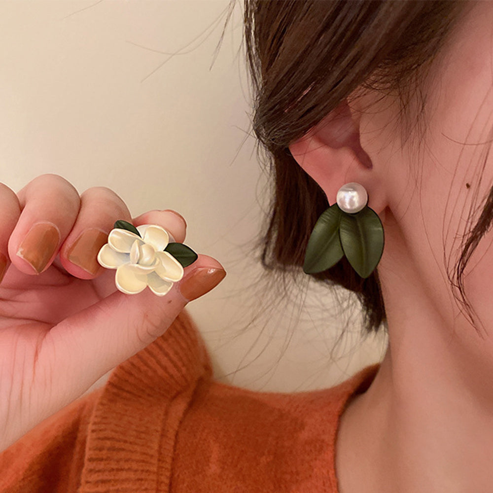 Asymmetrical Flower And Leaf Pearl Earrings Earrings Claire & Clara 
