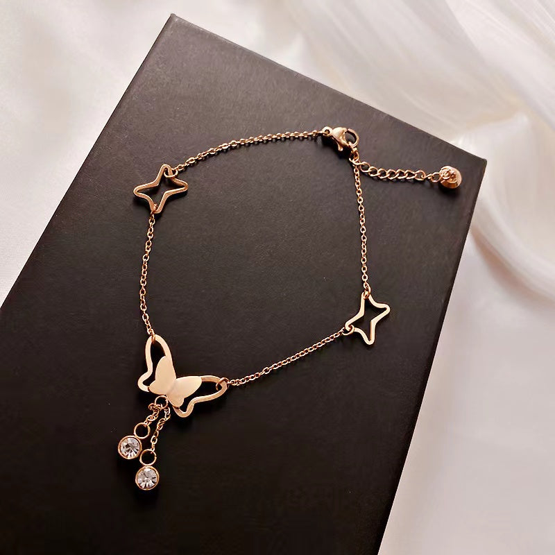 Butterfly Summer Tassel Rhinestone Anklet Anklet Claire & Clara Rose Gold 
