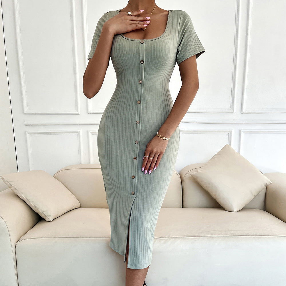 Button Down Square Neck Midi Dress Dresses Claire & Clara Green S 