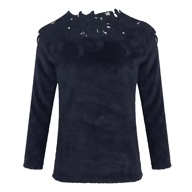 Embroidery Panelled Lace Long Sleeve Plush Top Top Claire & Clara Navy S 