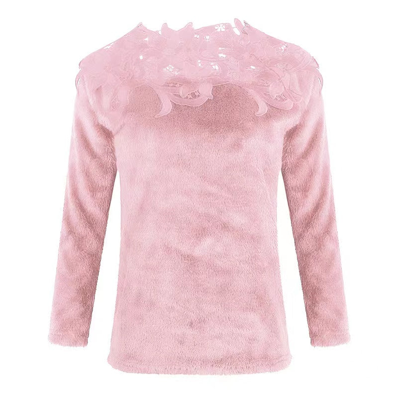 Embroidery Panelled Lace Long Sleeve Plush Top Top Claire & Clara Pink S 