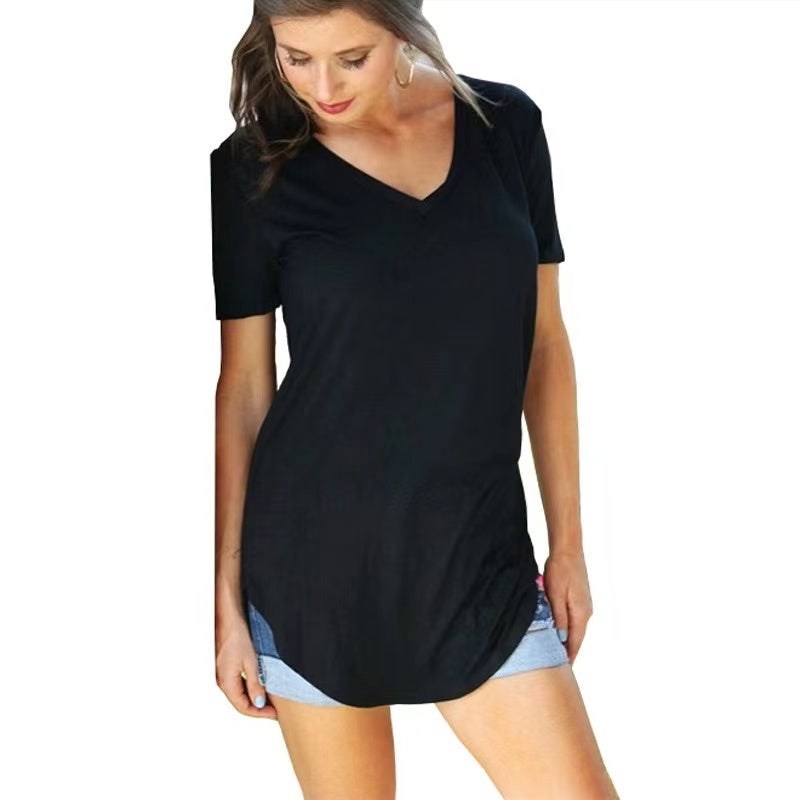 Hanna Basic Solid V-Neck Curved Hem Top Top Claire & Clara Black US 4 