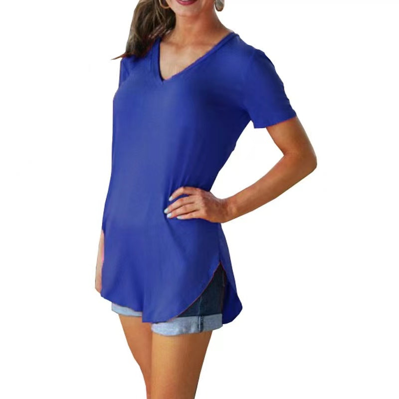Hanna Basic Solid V-Neck Curved Hem Top Top Claire & Clara Blue US 4 