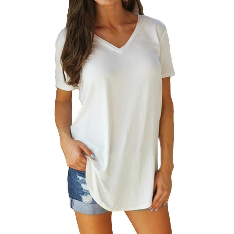 Hanna Basic Solid V-Neck Curved Hem Top Top Claire & Clara White US 4 