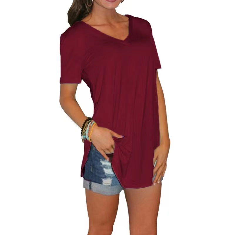 Hanna Basic Solid V-Neck Curved Hem Top Top Claire & Clara Wine US 4 
