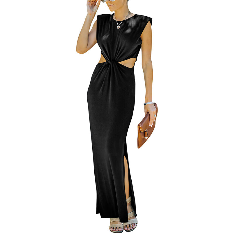 Lyla Side Cutout Padded Shoulder Maxi Dresses Dresses Claire & Clara Black S 
