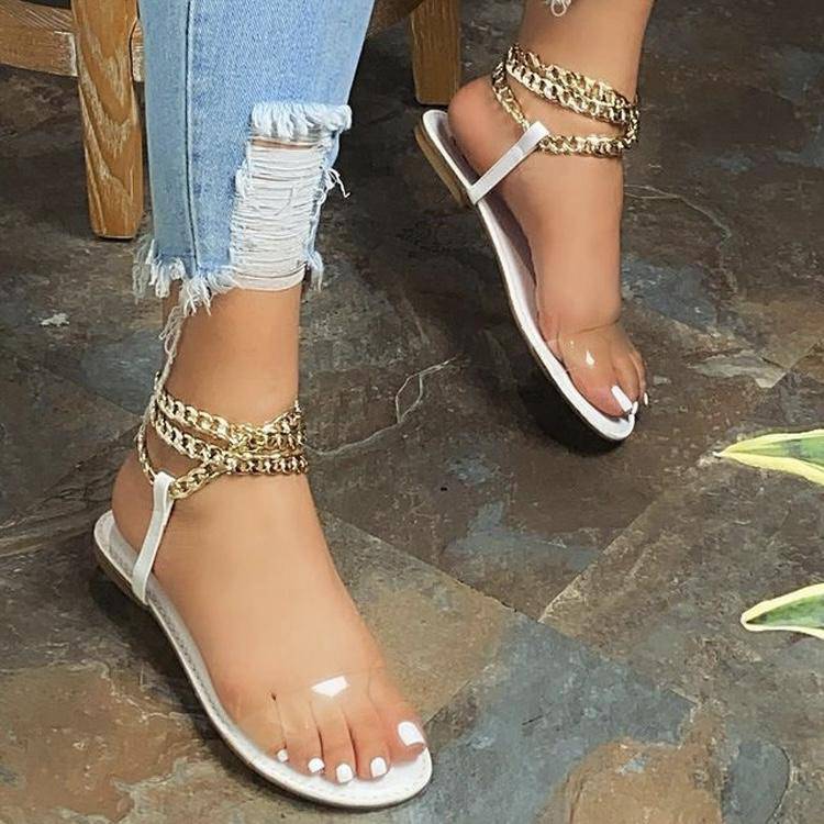 Maggie Solid Color Chain Open Toe Flat Sandals Shoes Claire & Clara US 4.5 White 