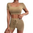 Marie Solid Color Crop Top Sport Yoga Set Activewear > workout clothes > workout clothes for women > plus size activewear > plus size workout clothes > women's activewear > gym clothes for women > women's athletic wear > women sportswear > crisscross bras Claire & Clara Brown S 