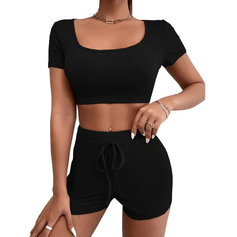 Marie Solid Color Crop Top Sport Yoga Set Activewear > workout clothes > workout clothes for women > plus size activewear > plus size workout clothes > women's activewear > gym clothes for women > women's athletic wear > women sportswear > crisscross bras Claire & Clara Black S 