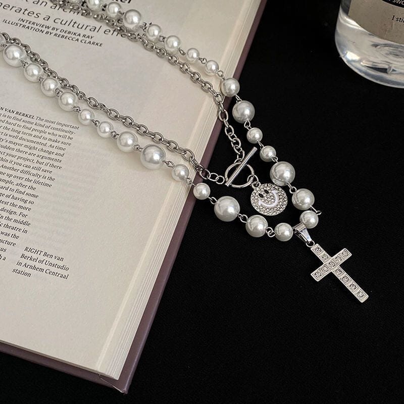 Pearl Cross Zirconia Necklace Necklace Claire & Clara 
