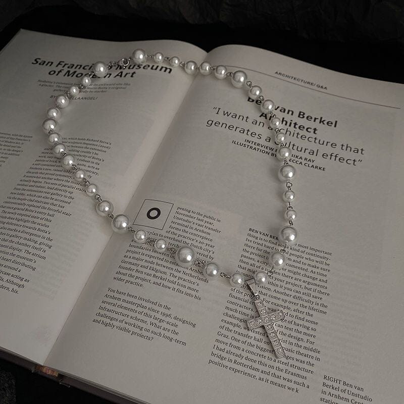 Pearl Cross Zirconia Necklace Necklace Claire & Clara Silver 