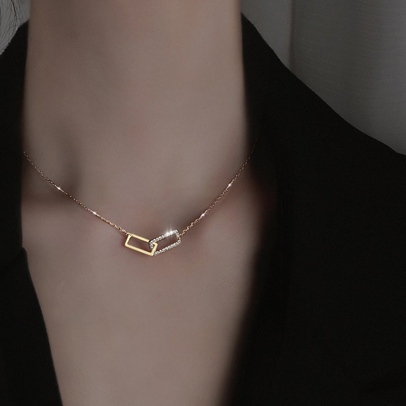 Rectangle Double Shiny Zirconia Circle Necklace Necklace > layered necklace > gold layered necklace > gold necklace > silver necklace > gold chain > gold pendant > silver pendant > gold pendant necklace > choker necklace > choker > gold choker necklace > silver choker necklace > chokers for women Claire & Clara 