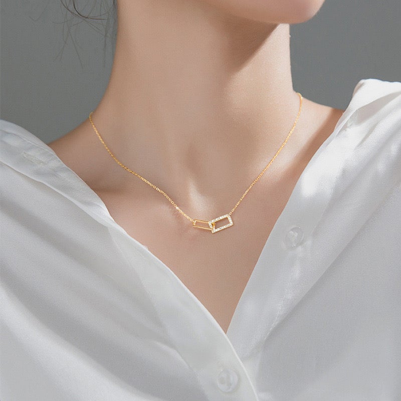 Rectangle Double Shiny Zirconia Circle Necklace Necklace > layered necklace > gold layered necklace > gold necklace > silver necklace > gold chain > gold pendant > silver pendant > gold pendant necklace > choker necklace > choker > gold choker necklace > silver choker necklace > chokers for women Claire & Clara 