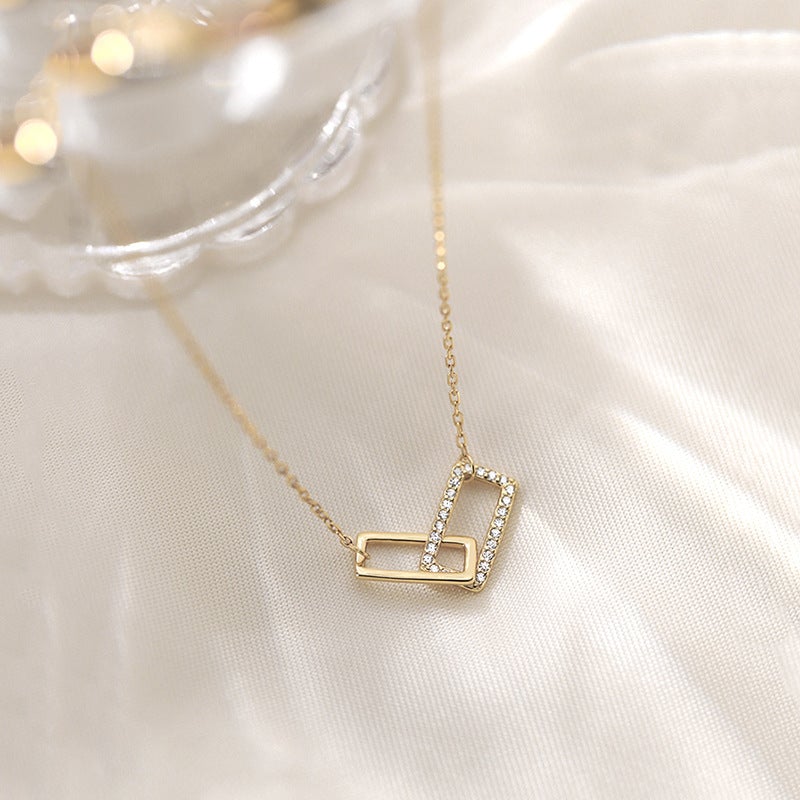 Rectangle Double Shiny Zirconia Circle Necklace Necklace > layered necklace > gold layered necklace > gold necklace > silver necklace > gold chain > gold pendant > silver pendant > gold pendant necklace > choker necklace > choker > gold choker necklace > silver choker necklace > chokers for women Claire & Clara Gold 