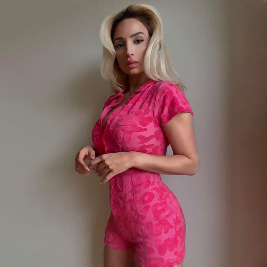 Short Sleeve V Neck Buttons Jumpsuit Jumpsuits & Rompers Claire & Clara Embroidery Pink S 