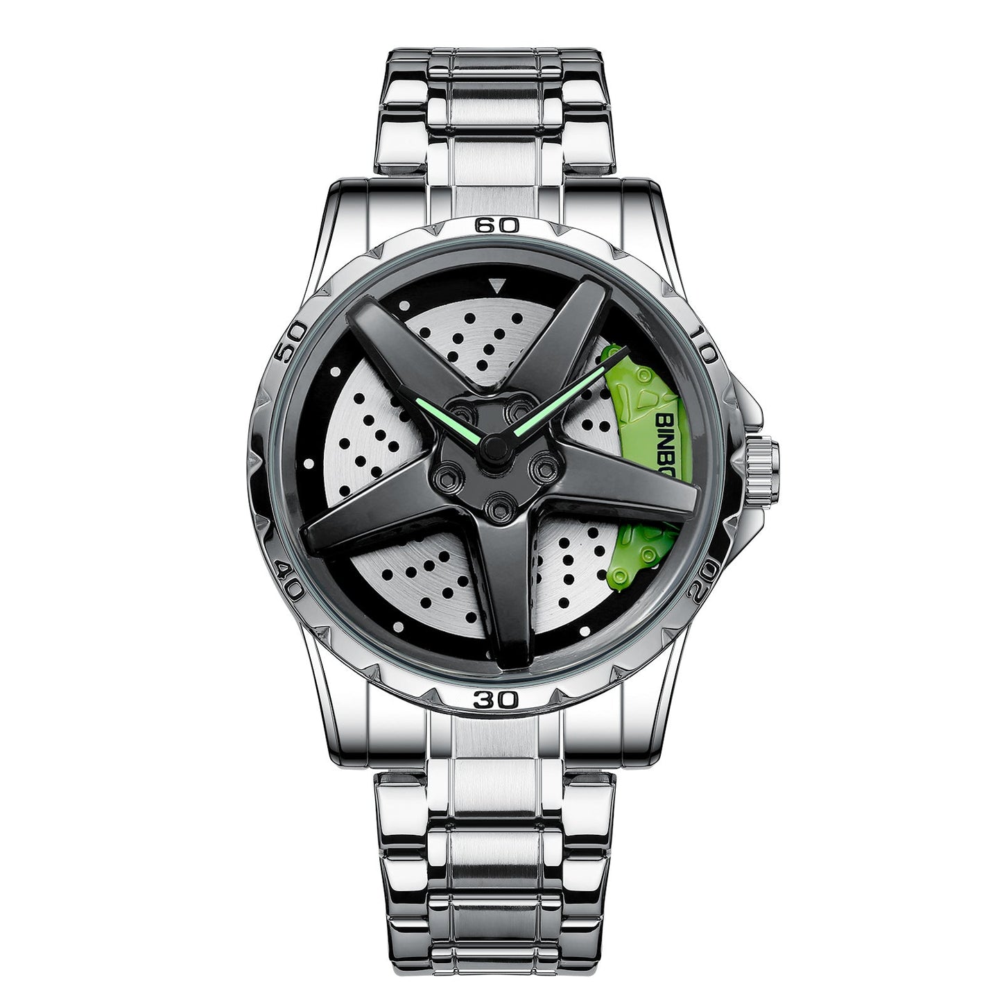 THE DUEL Spinning Wheel Hub Conceptual Watch Watches Claire & Clara Lamborghini Green Silver Wheel Hub 
