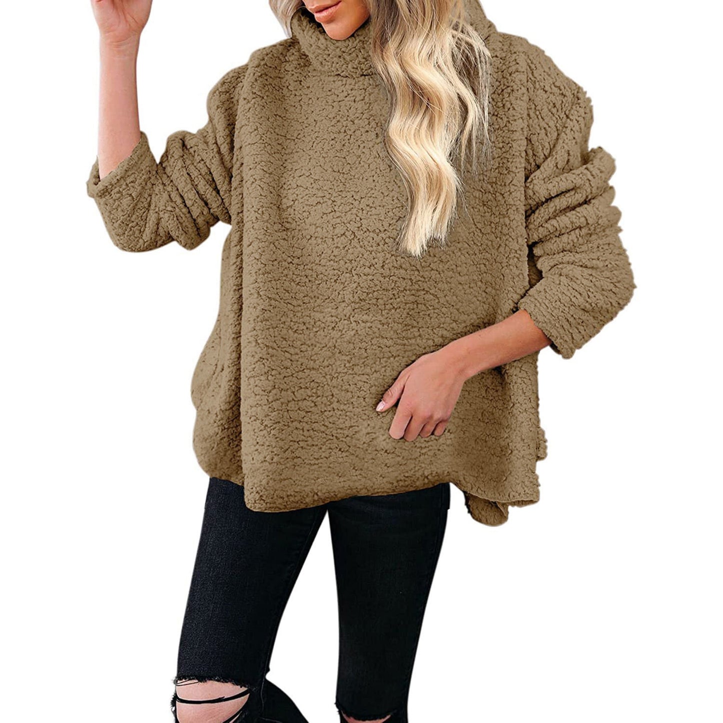 Turtleneck Solid Color Plush Casual Top Top Claire & Clara Khaki S 