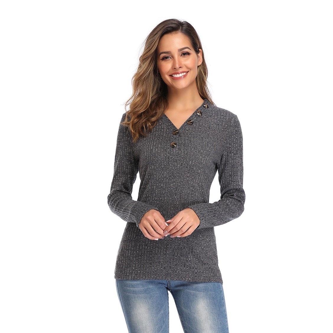 V-neck Button Solid Color Knit Sweater Top Claire & Clara 