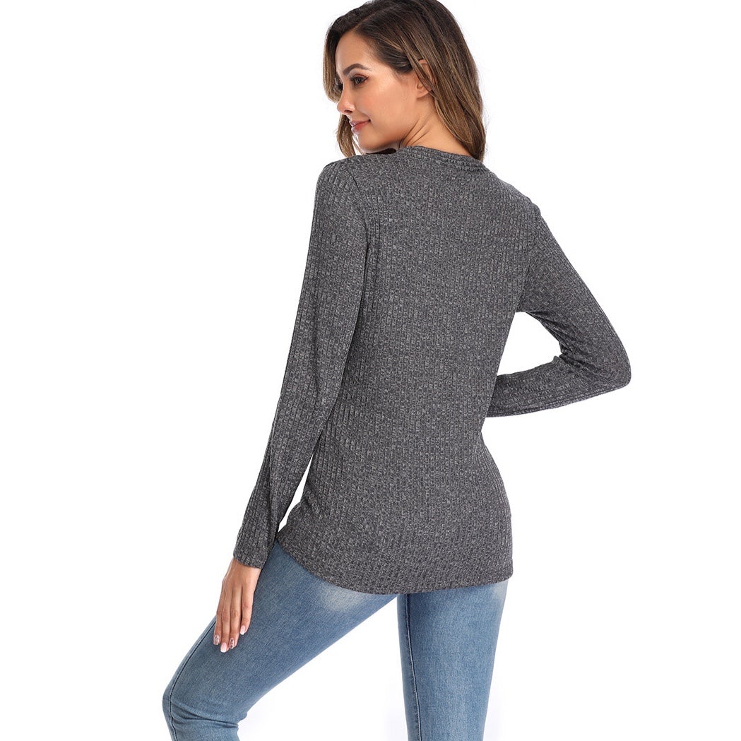 V-neck Button Solid Color Knit Sweater Top Claire & Clara 