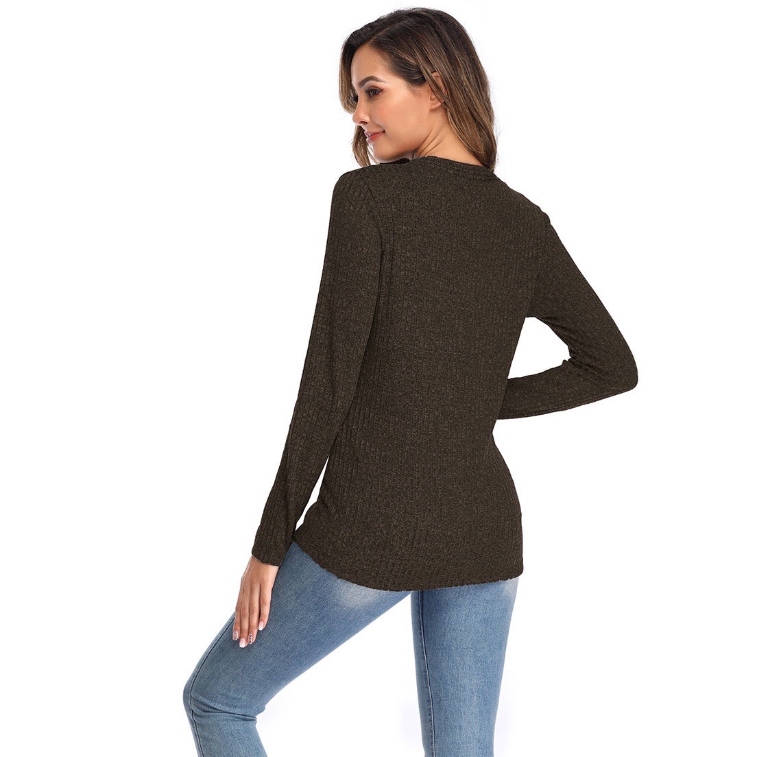 V-neck Button Solid Color Knit Sweater Top Claire & Clara 