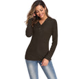 V-neck Button Solid Color Knit Sweater Top Claire & Clara Brown S 