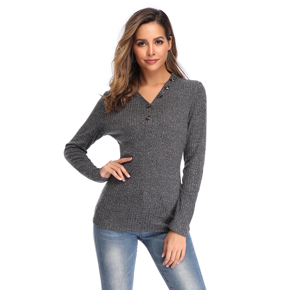 V-neck Button Solid Color Knit Sweater Top Claire & Clara Grey S 